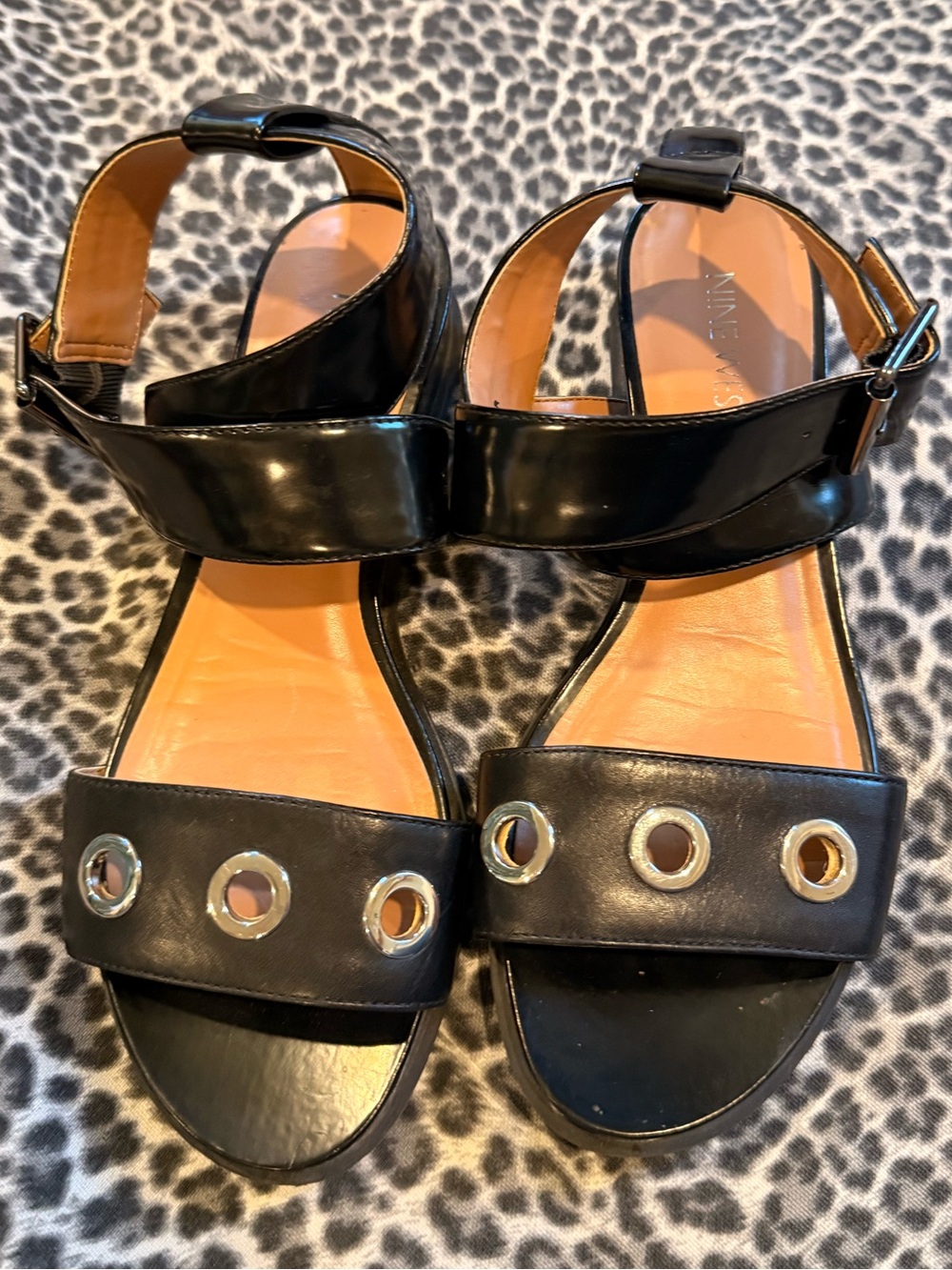 Nine West Black Grommet-Detail Ankle Strap Sandals - Women Size 7